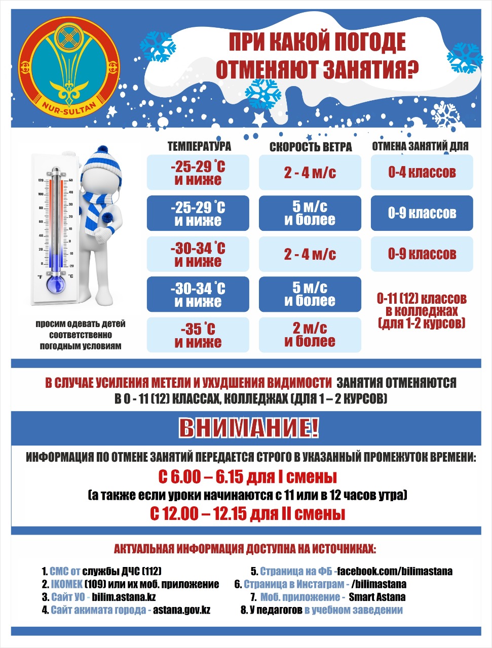 При каких условиях отменяют занятия в школе